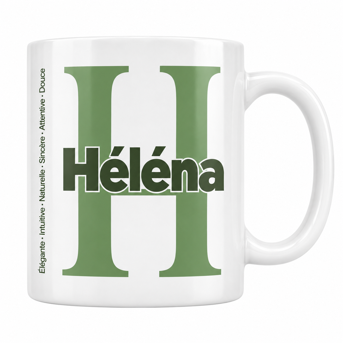Mug blanc céramique 330 ml prénom Héléna : grande initiale H, prénom Héléna en lettres bold et six qualités verticales sur le côté