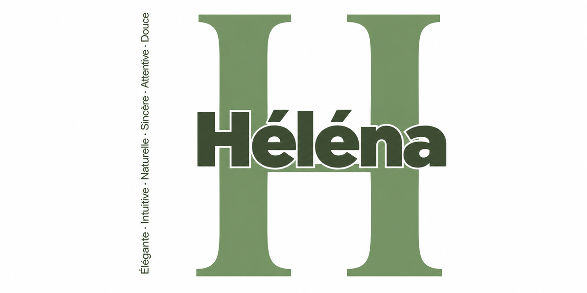 Visuel à plat du mug prénom Héléna : initiale H pleine hauteur, prénom Héléna centré et ligne verticale « Élégante · Intuitive · Naturelle · Sincère · Attentive · Douce »