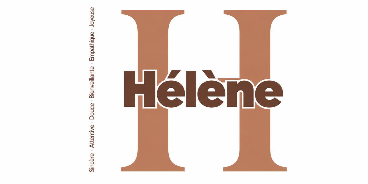 Visuel à plat du mug prénom Hélène : initiale H pleine hauteur, prénom Hélène centré et ligne verticale « Sincère · Attentive · Douce · Bienveillante · Empathique · Joyeuse »