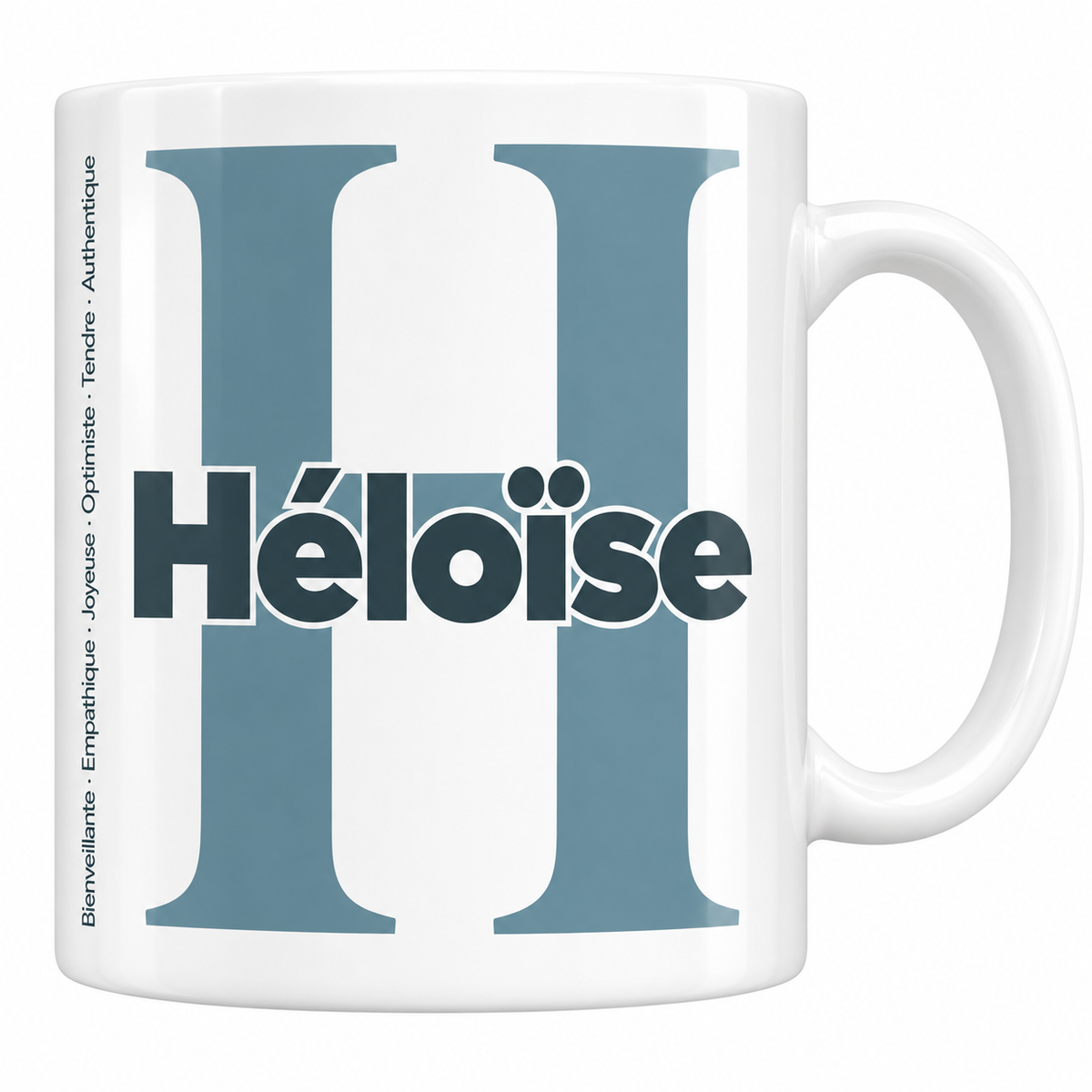 Mug blanc céramique 330 ml prénom Héloïse : grande initiale H, prénom Héloïse en lettres bold et six qualités verticales sur le côté