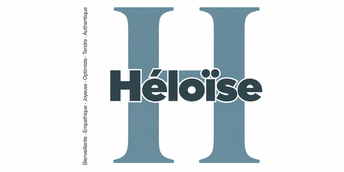 Visuel à plat du mug prénom Héloïse : initiale H pleine hauteur, prénom Héloïse centré et ligne verticale « Bienveillante · Empathique · Joyeuse · Optimiste · Tendre · Authentique »