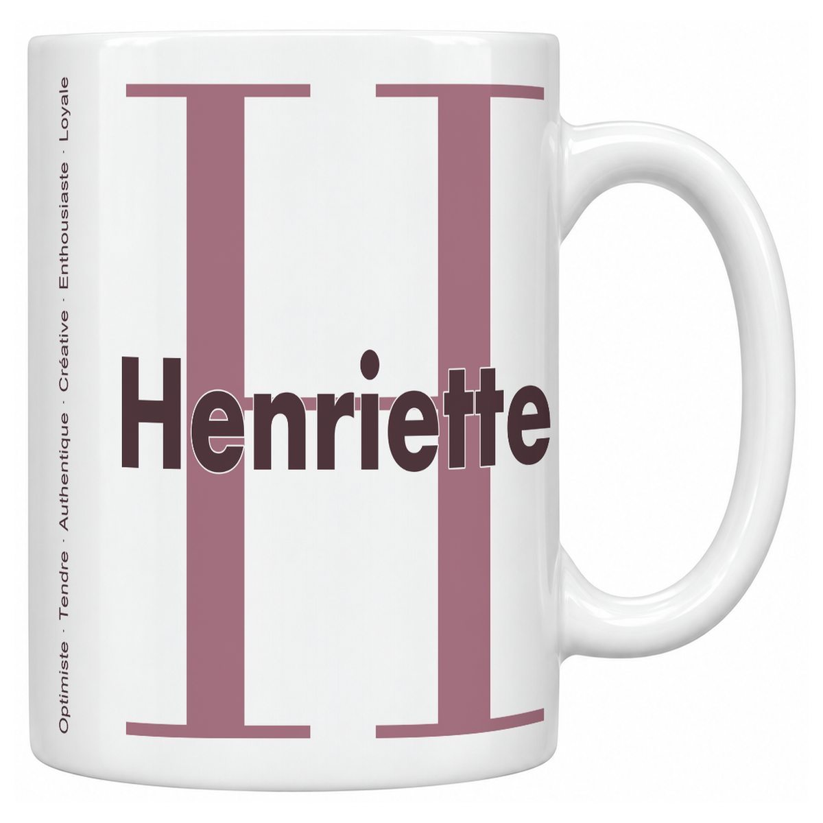 Mug blanc céramique 330 ml prénom Henriette : grande initiale H, prénom Henriette en lettres bold et six qualités verticales sur le côté