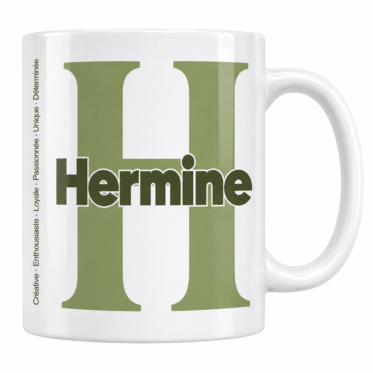 Mug blanc céramique 330 ml prénom Hermine : grande initiale H, prénom Hermine en lettres bold et six qualités verticales sur le côté