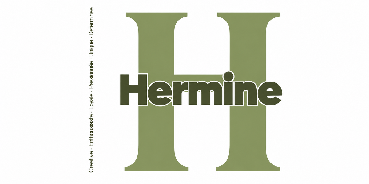 Visuel à plat du mug prénom Hermine : initiale H pleine hauteur, prénom Hermine centré et ligne verticale « Créative · Enthousiaste · Loyale · Passionnée · Unique · Déterminée »