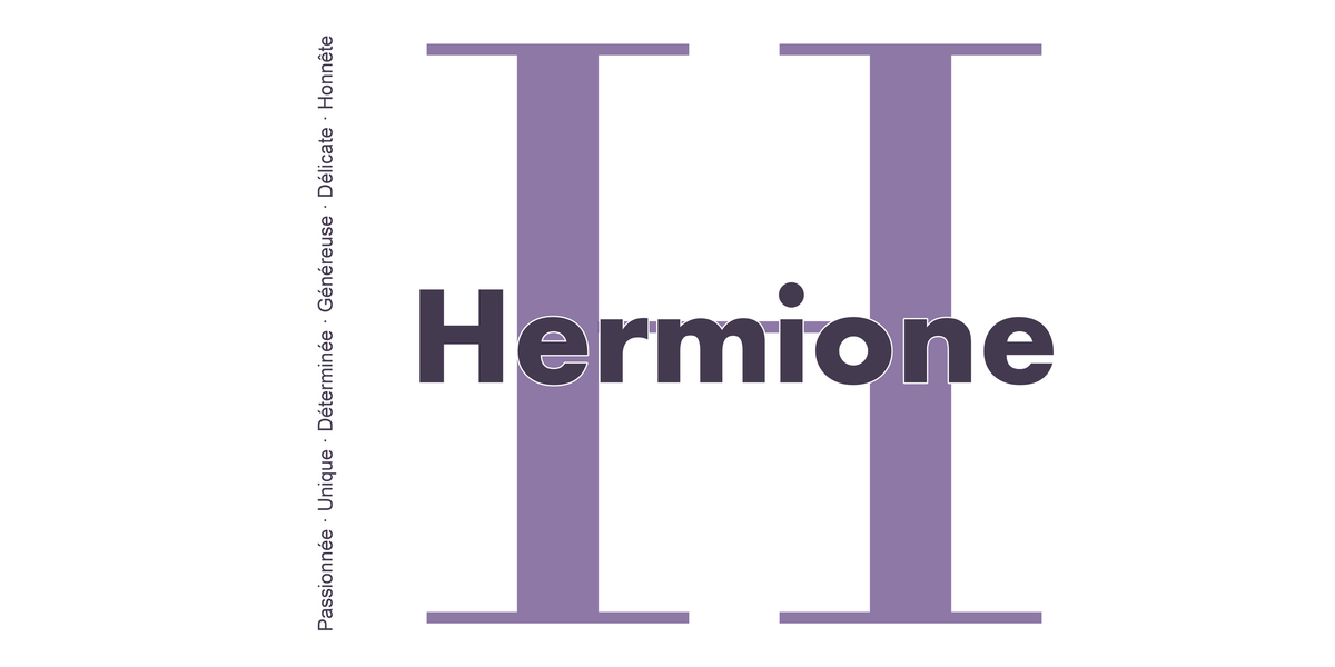 Visuel à plat du mug prénom Hermione : initiale H pleine hauteur, prénom Hermione centré et ligne verticale « Passionnée · Unique · Déterminée · Généreuse · Délicate · Honnête »