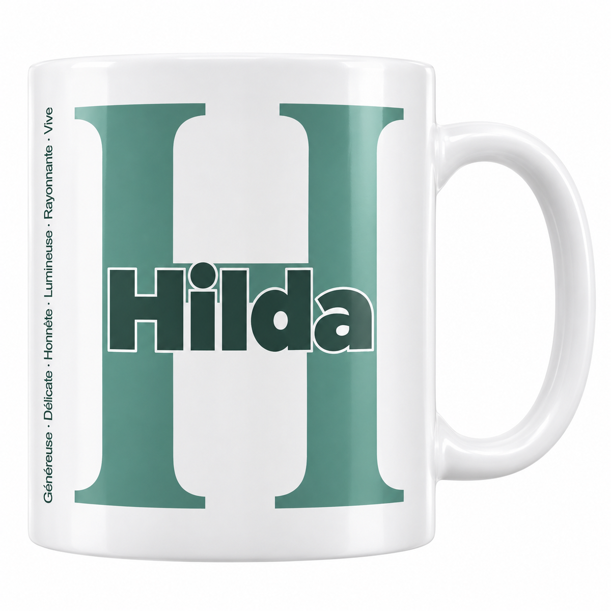 Mug blanc céramique 330 ml prénom Hilda : grande initiale H, prénom Hilda en lettres bold et six qualités verticales sur le côté