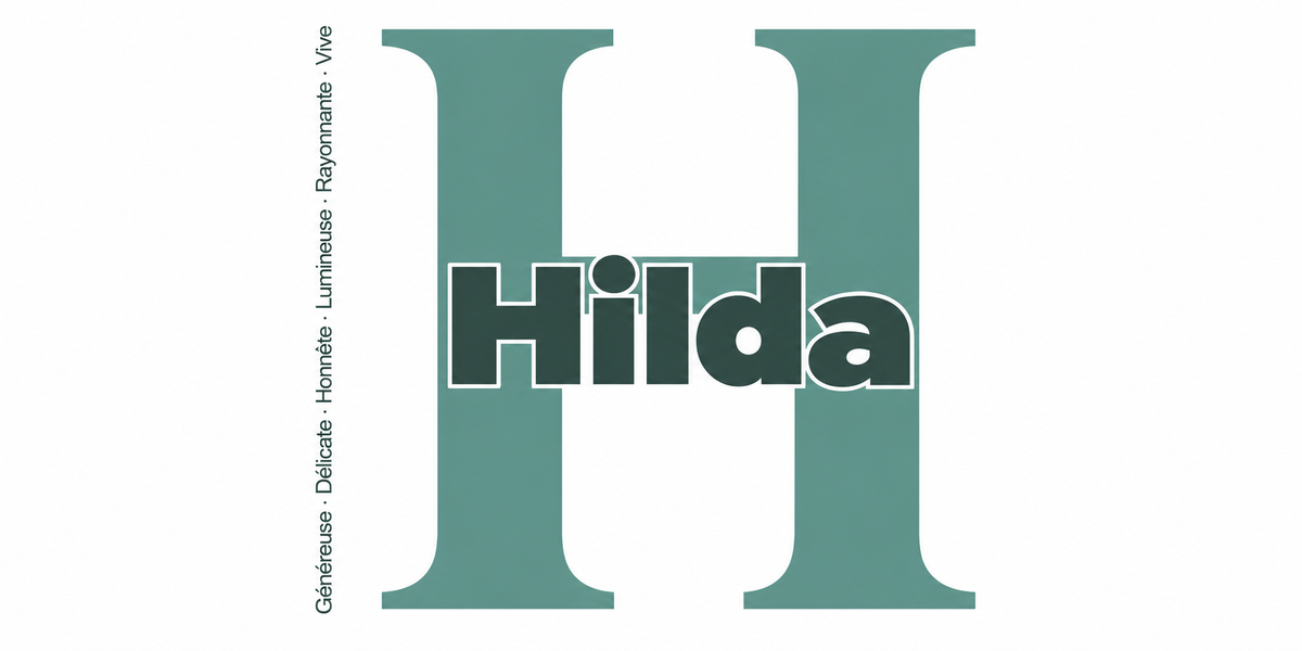 Visuel à plat du mug prénom Hilda : initiale H pleine hauteur, prénom Hilda centré et ligne verticale « Généreuse · Délicate · Honnête · Lumineuse · Rayonnante · Vive »