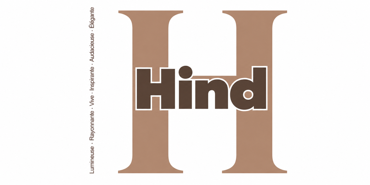 Visuel à plat du mug prénom Hind : initiale H pleine hauteur, prénom Hind centré et ligne verticale « Lumineuse · Rayonnante · Vive · Inspirante · Audacieuse · Élégante »