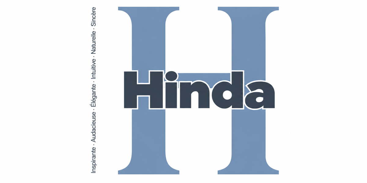 Visuel à plat du mug prénom Hinda : initiale H pleine hauteur, prénom Hinda centré et ligne verticale « Inspirante · Audacieuse · Élégante · Intuitive · Naturelle · Sincère »
