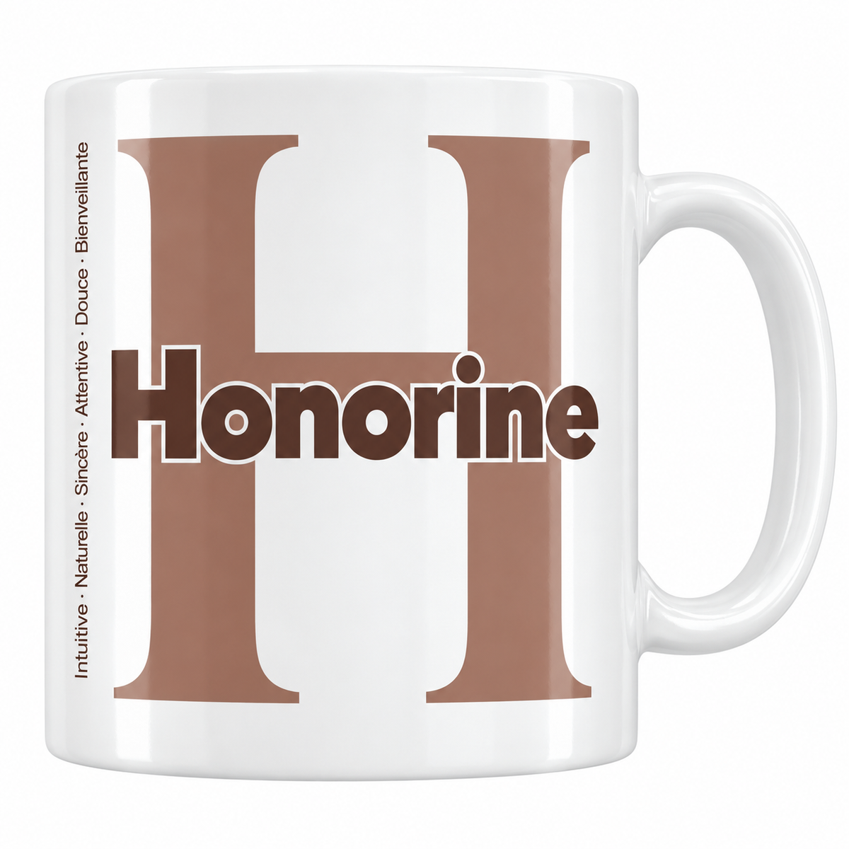 Mug blanc céramique 330 ml prénom Honorine : grande initiale H, prénom Honorine en lettres bold et six qualités verticales sur le côté