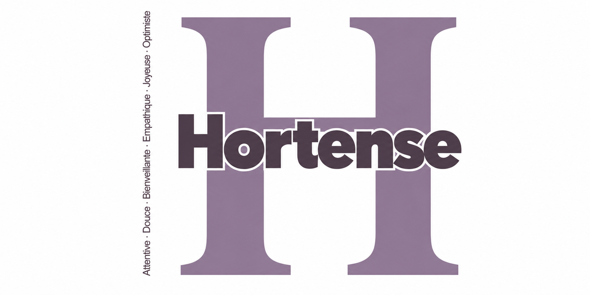 Visuel à plat du mug prénom Hortense : initiale H pleine hauteur, prénom Hortense centré et ligne verticale « Attentive · Douce · Bienveillante · Empathique · Joyeuse · Optimiste »