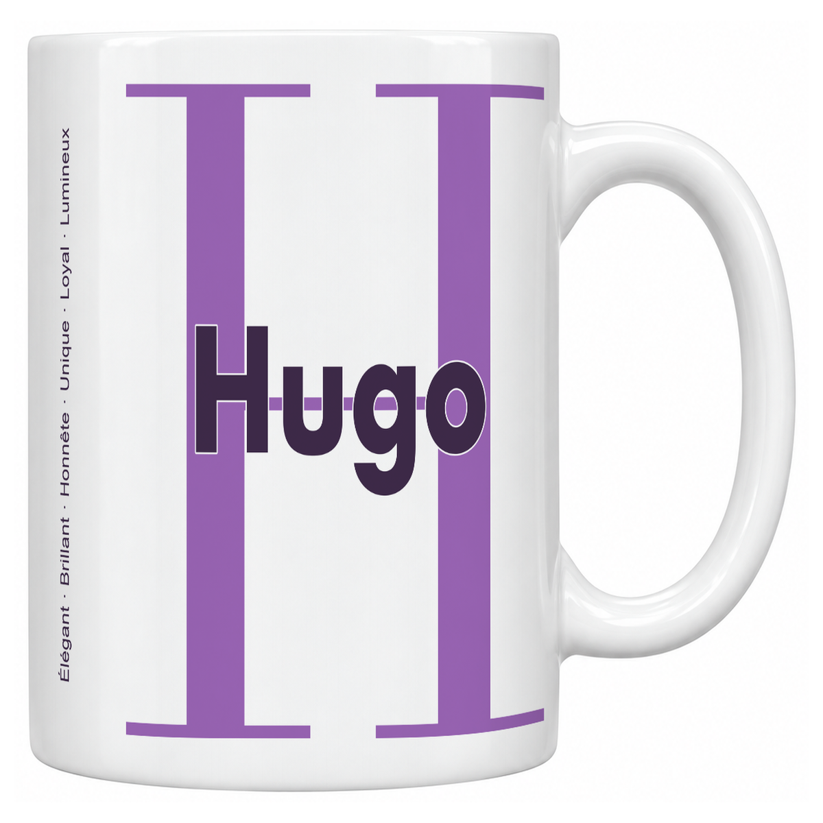Mug blanc céramique 330 ml prénom Hugo : grande initiale H, prénom Hugo en lettres bold et six qualités verticales sur le côté