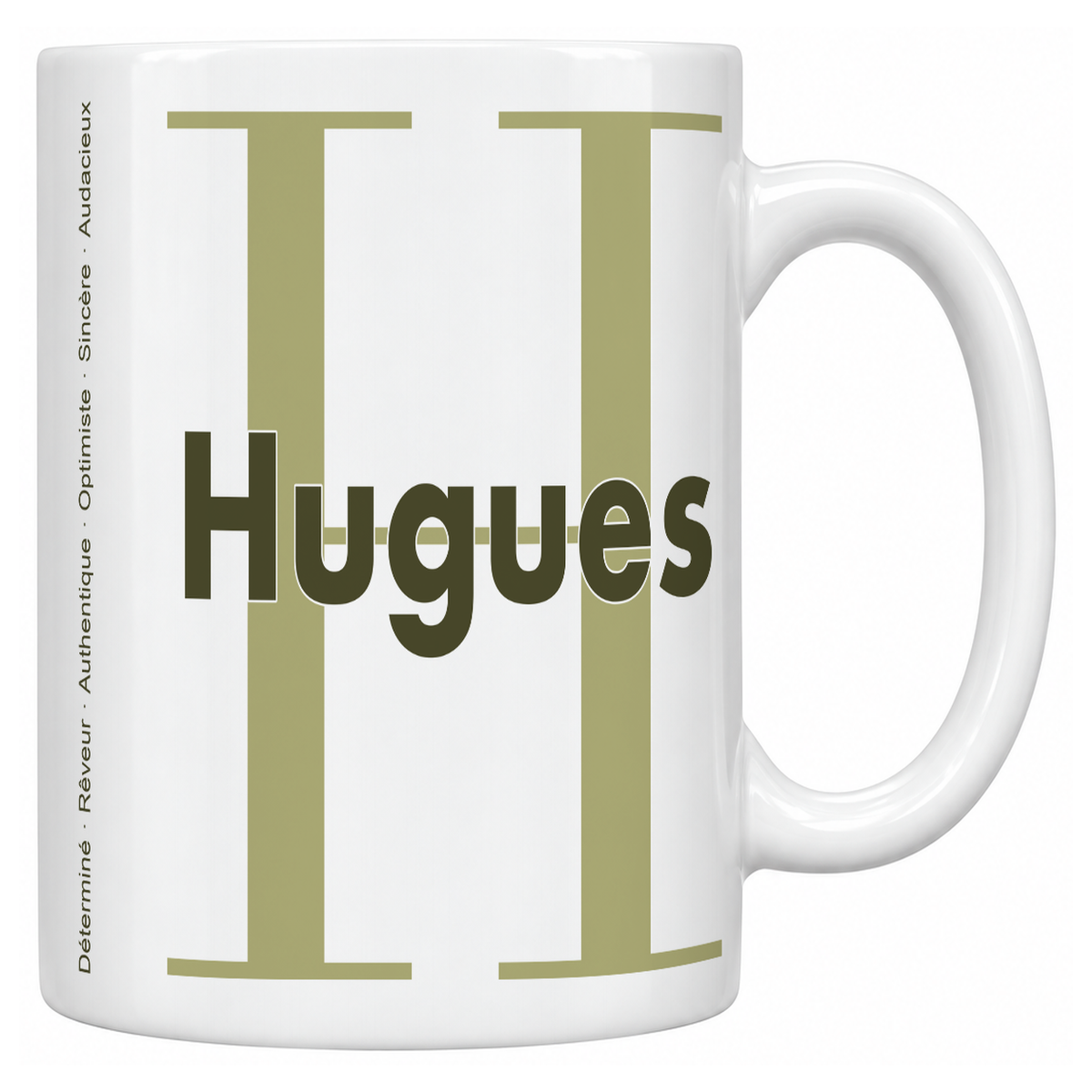 Mug blanc céramique 330 ml prénom Hugues : grande initiale H, prénom Hugues en lettres bold et six qualités verticales sur le côté