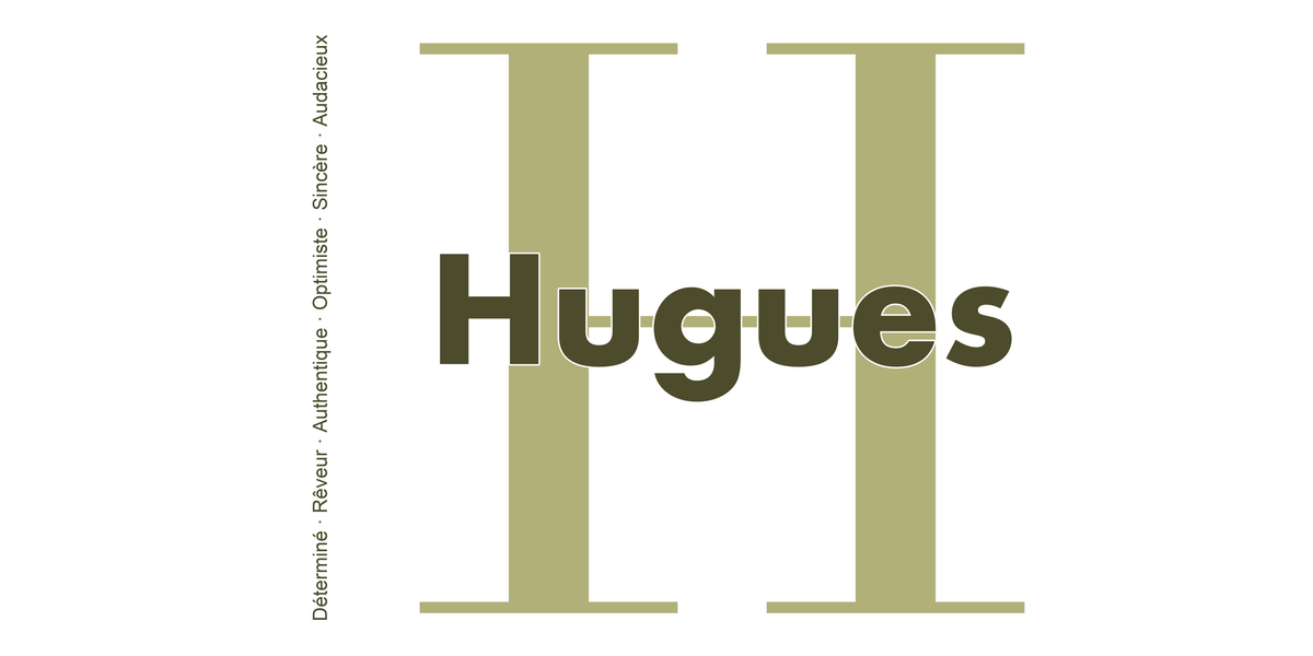Visuel à plat du mug prénom Hugues : initiale H pleine hauteur, prénom Hugues centré et ligne verticale « Déterminé · Rêveur · Authentique · Optimiste · Sincère · Audacieux »