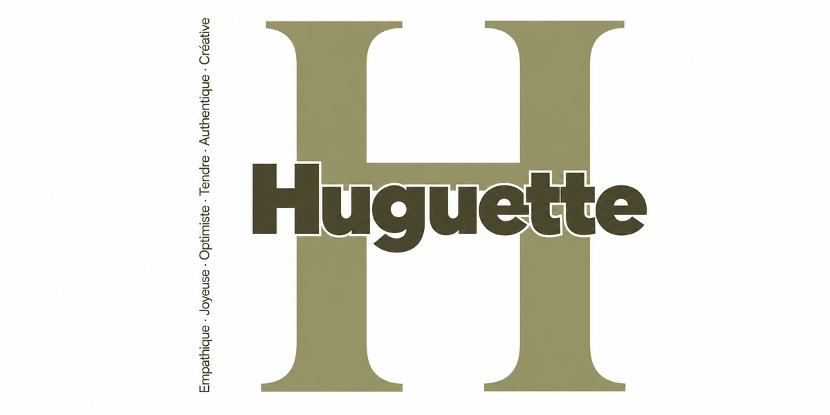 Visuel à plat du mug prénom Huguette : initiale H pleine hauteur, prénom Huguette centré et ligne verticale « Empathique · Joyeuse · Optimiste · Tendre · Authentique · Créative »