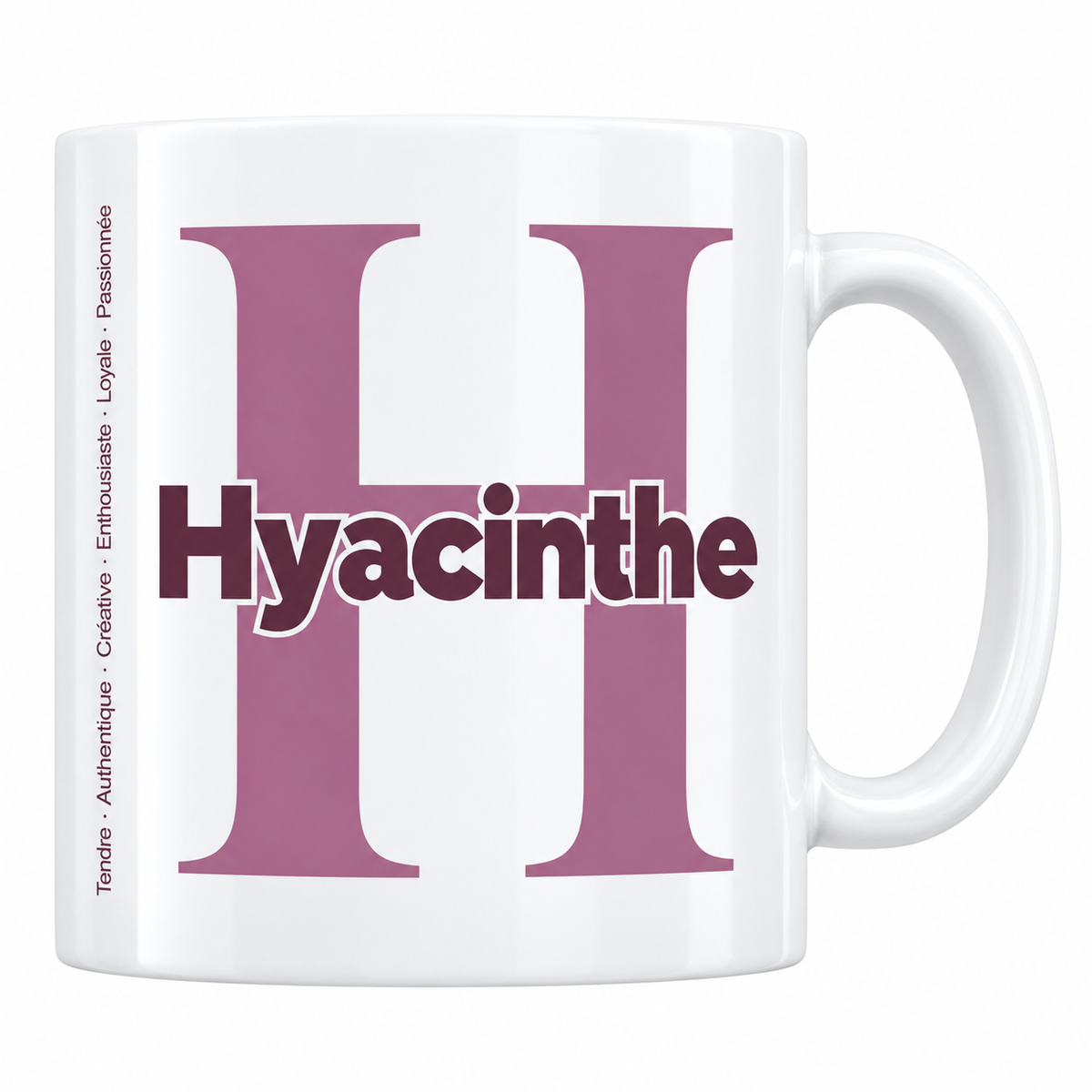 Mug blanc céramique 330 ml prénom Hyacinthe : grande initiale H, prénom Hyacinthe en lettres bold et six qualités verticales sur le côté