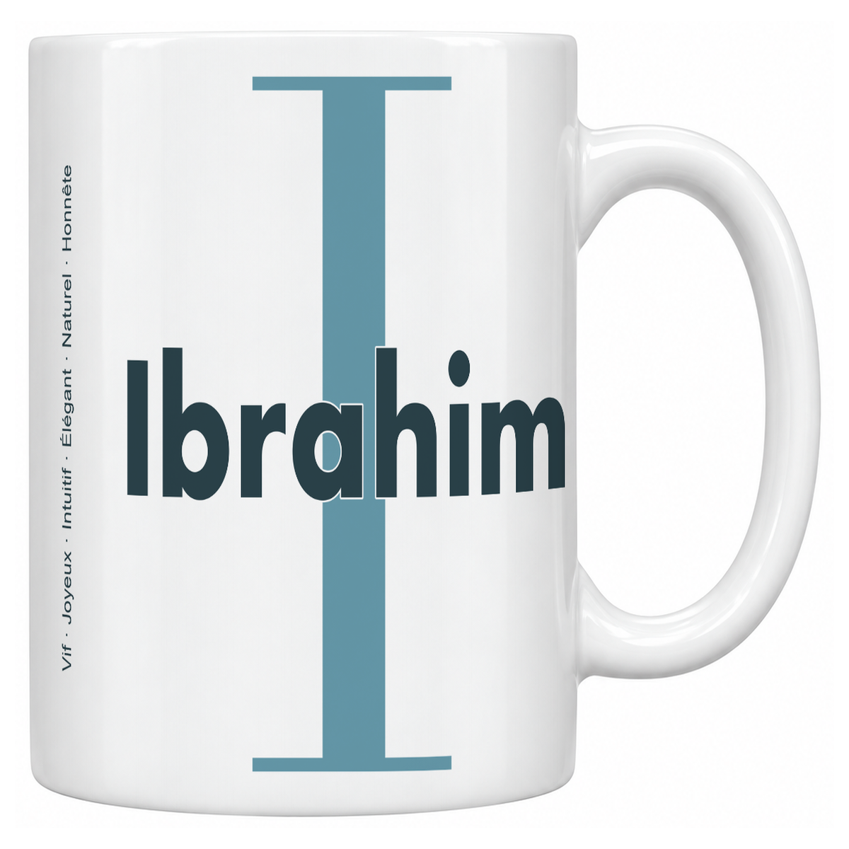 Mug blanc céramique 330 ml prénom Ibrahim : grande initiale I, prénom Ibrahim en lettres bold et six qualités verticales sur le côté