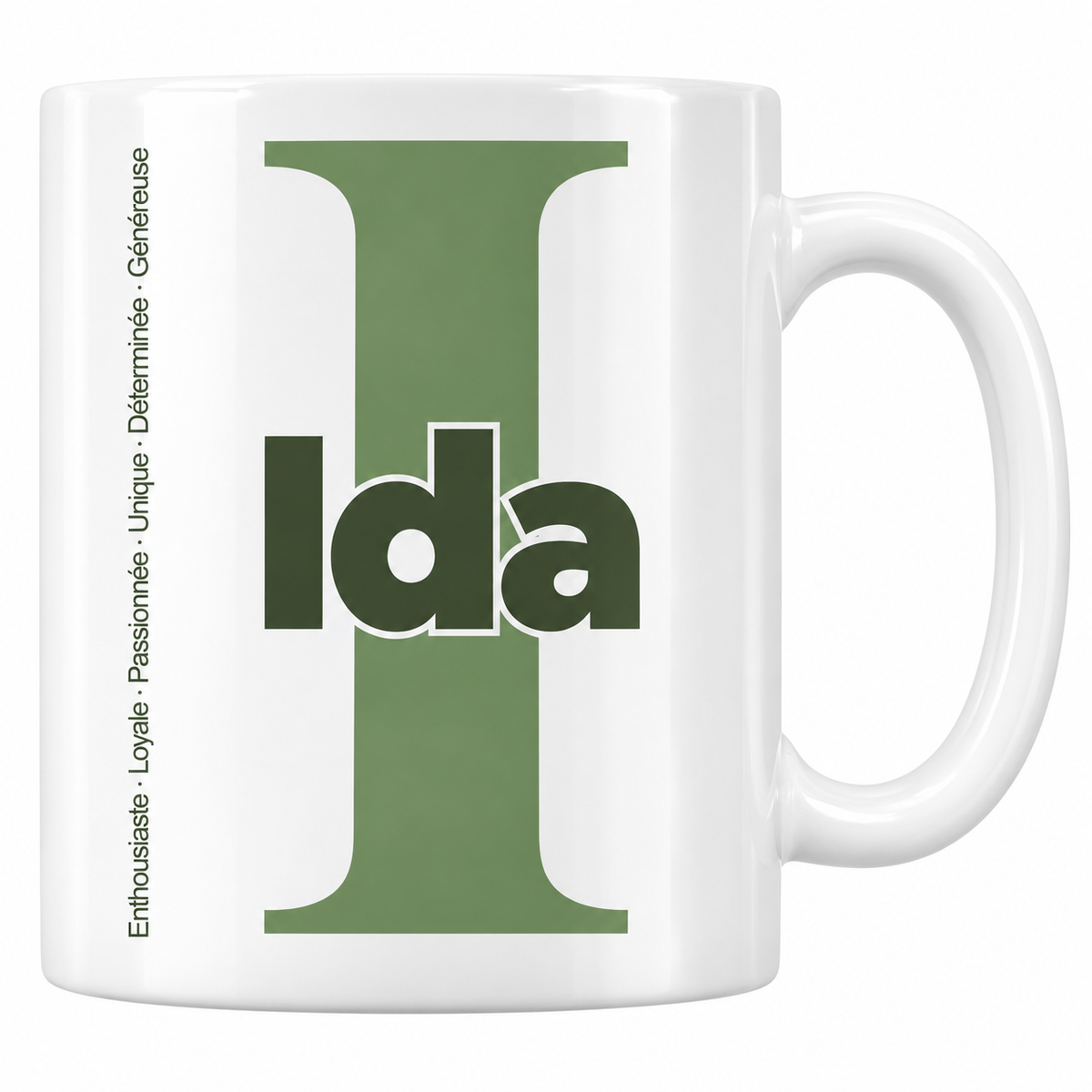 Mug blanc céramique 330 ml prénom Ida : grande initiale I, prénom Ida en lettres bold et six qualités verticales sur le côté
