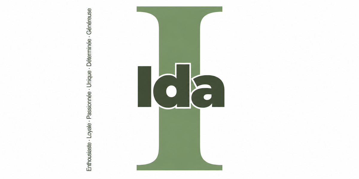 Visuel à plat du mug prénom Ida : initiale I pleine hauteur, prénom Ida centré et ligne verticale « Enthousiaste · Loyale · Passionnée · Unique · Déterminée · Généreuse »