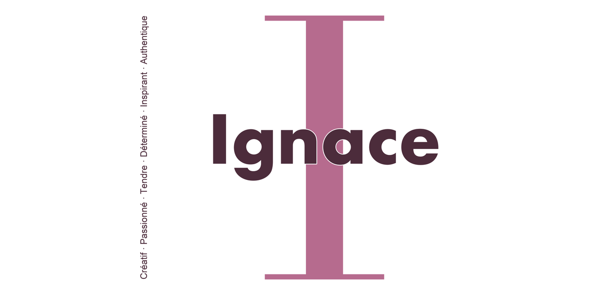 Visuel à plat du mug prénom Ignace : initiale I pleine hauteur, prénom Ignace centré et ligne verticale « Créatif · Passionné · Tendre · Déterminé · Inspirant · Authentique »
