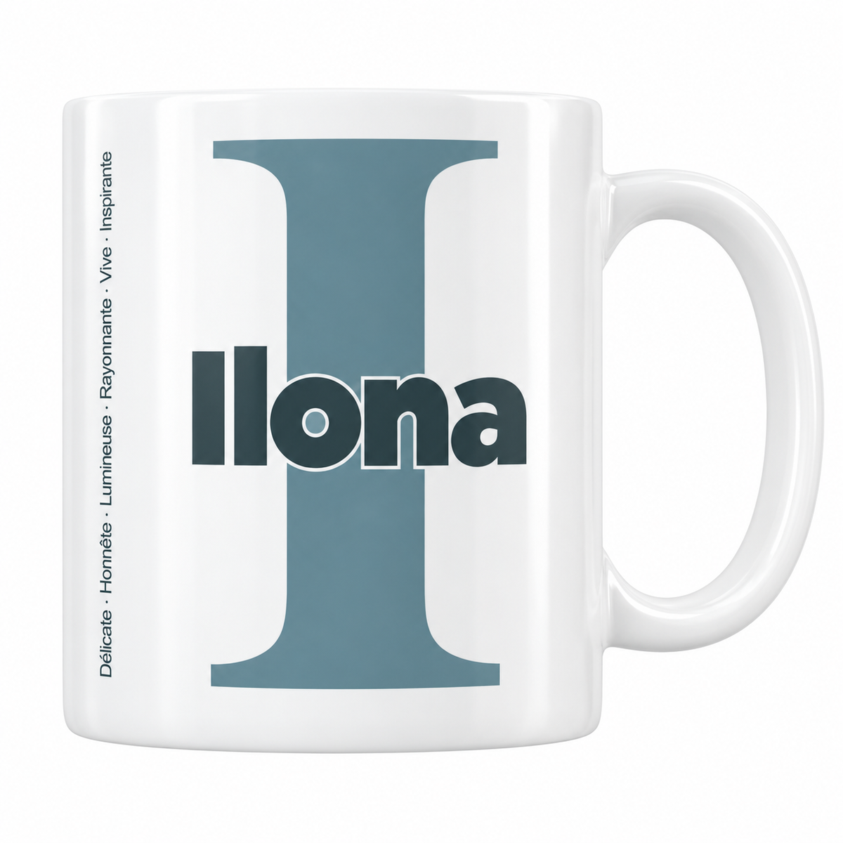 Mug blanc céramique 330 ml prénom Ilona : grande initiale I, prénom Ilona en lettres bold et six qualités verticales sur le côté
