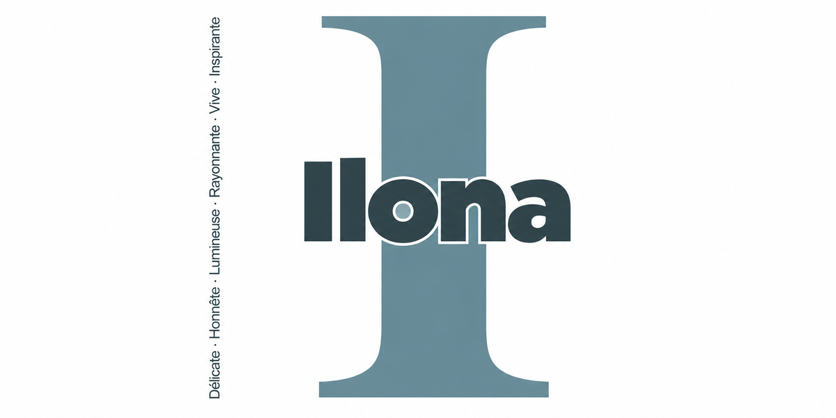 Visuel à plat du mug prénom Ilona : initiale I pleine hauteur, prénom Ilona centré et ligne verticale « Délicate · Honnête · Lumineuse · Rayonnante · Vive · Inspirante »