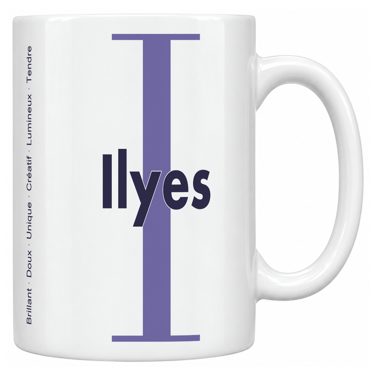 Mug blanc céramique 330 ml prénom Ilyes : grande initiale I, prénom Ilyes en lettres bold et six qualités verticales sur le côté