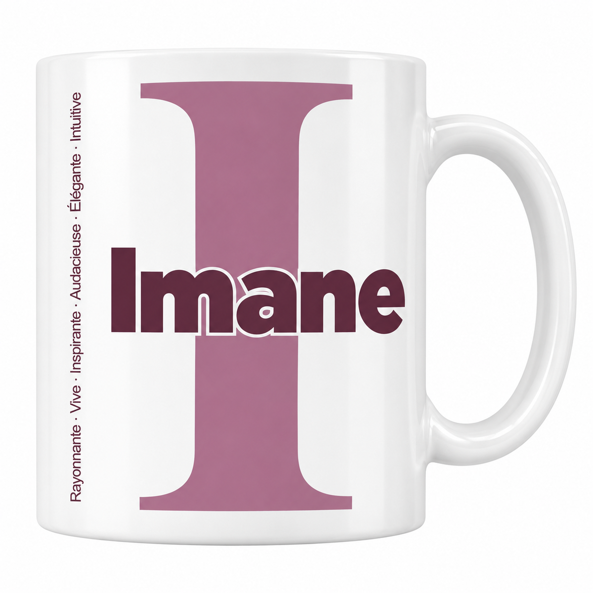 Mug blanc céramique 330 ml prénom Imane : grande initiale I, prénom Imane en lettres bold et six qualités verticales sur le côté
