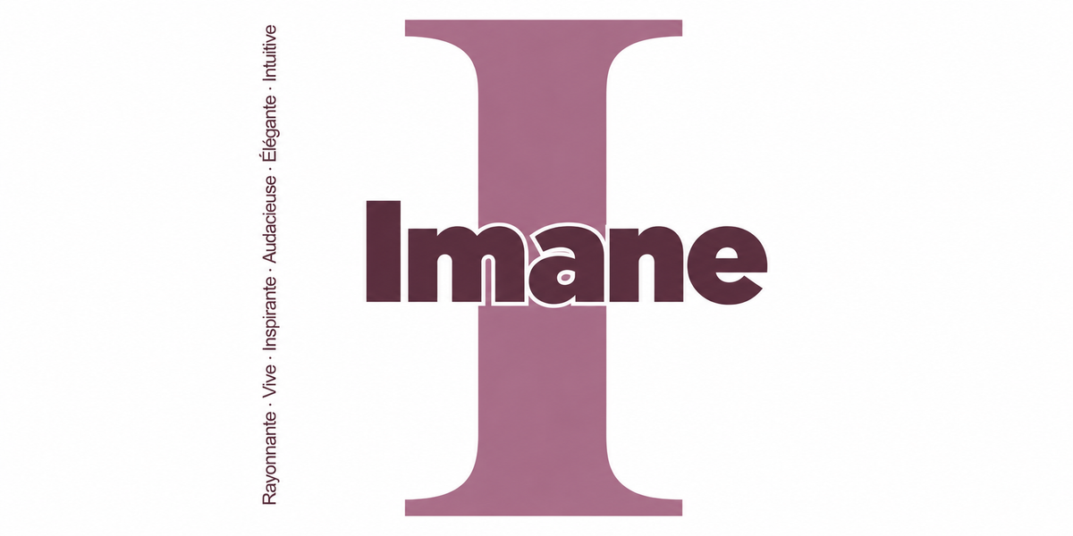 Visuel à plat du mug prénom Imane : initiale I pleine hauteur, prénom Imane centré et ligne verticale « Rayonnante · Vive · Inspirante · Audacieuse · Élégante · Intuitive »