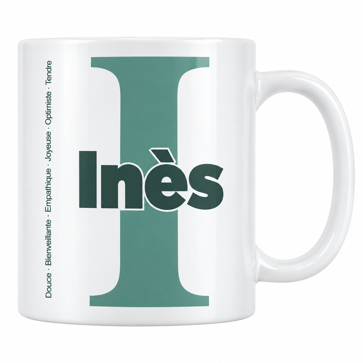 Mug blanc céramique 330 ml prénom Inès : grande initiale I, prénom Inès en lettres bold et six qualités verticales sur le côté