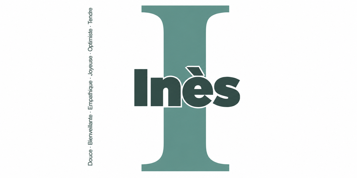 Visuel à plat du mug prénom Inès : initiale I pleine hauteur, prénom Inès centré et ligne verticale « Douce · Bienveillante · Empathique · Joyeuse · Optimiste · Tendre »