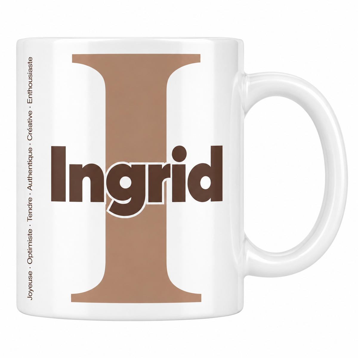 Mug blanc céramique 330 ml prénom Ingrid : grande initiale I, prénom Ingrid en lettres bold et six qualités verticales sur le côté
