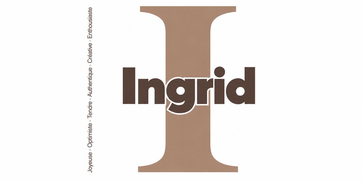 Visuel à plat du mug prénom Ingrid : initiale I pleine hauteur, prénom Ingrid centré et ligne verticale « Joyeuse · Optimiste · Tendre · Authentique · Créative · Enthousiaste »