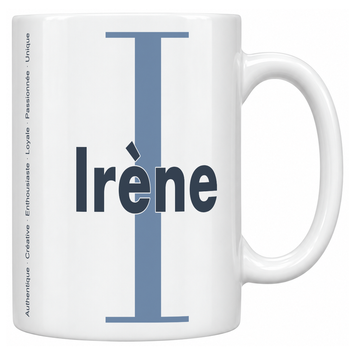 Mug blanc céramique 330 ml prénom Irène : grande initiale I, prénom Irène en lettres bold et six qualités verticales sur le côté