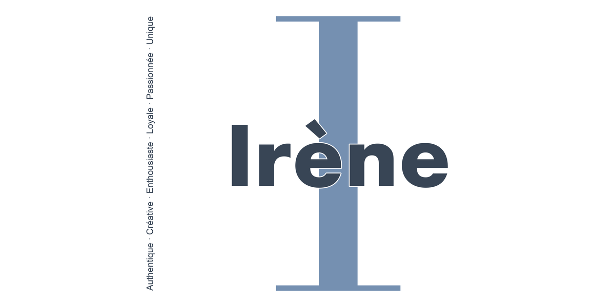 Visuel à plat du mug prénom Irène : initiale I pleine hauteur, prénom Irène centré et ligne verticale « Authentique · Créative · Enthousiaste · Loyale · Passionnée · Unique »