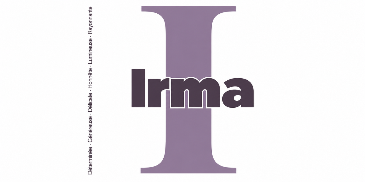 Visuel à plat du mug prénom Irma : initiale I pleine hauteur, prénom Irma centré et ligne verticale « Déterminée · Généreuse · Délicate · Honnête · Lumineuse · Rayonnante »
