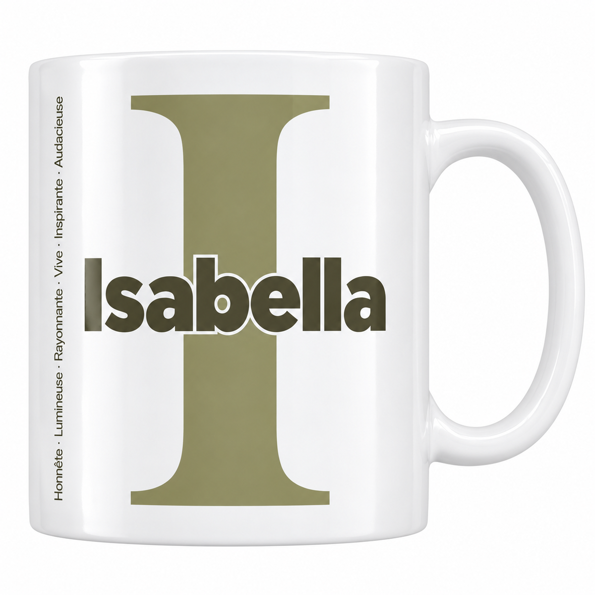 Mug blanc céramique 330 ml prénom Isabella : grande initiale I, prénom Isabella en lettres bold et six qualités verticales sur le côté