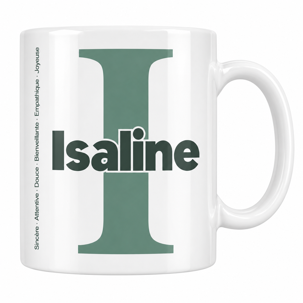 Mug blanc céramique 330 ml prénom Isaline : grande initiale I, prénom Isaline en lettres bold et six qualités verticales sur le côté