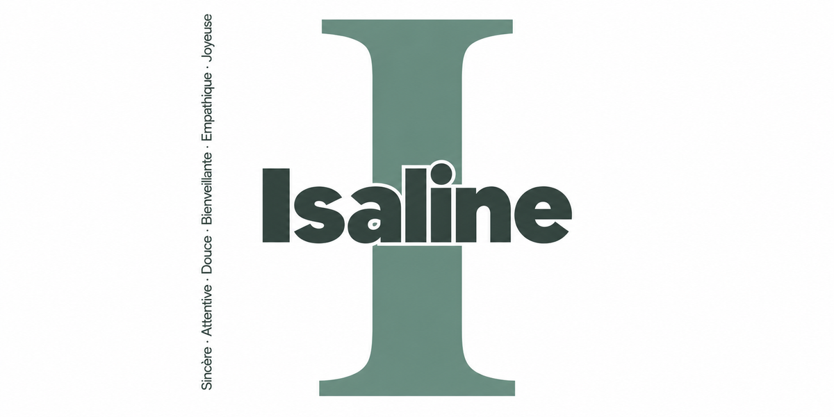 Visuel à plat du mug prénom Isaline : initiale I pleine hauteur, prénom Isaline centré et ligne verticale « Sincère · Attentive · Douce · Bienveillante · Empathique · Joyeuse »