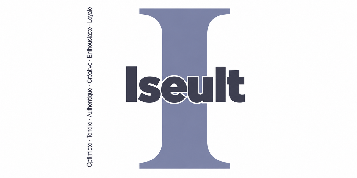 Visuel à plat du mug prénom Iseult : initiale I pleine hauteur, prénom Iseult centré et ligne verticale « Optimiste · Tendre · Authentique · Créative · Enthousiaste · Loyale »