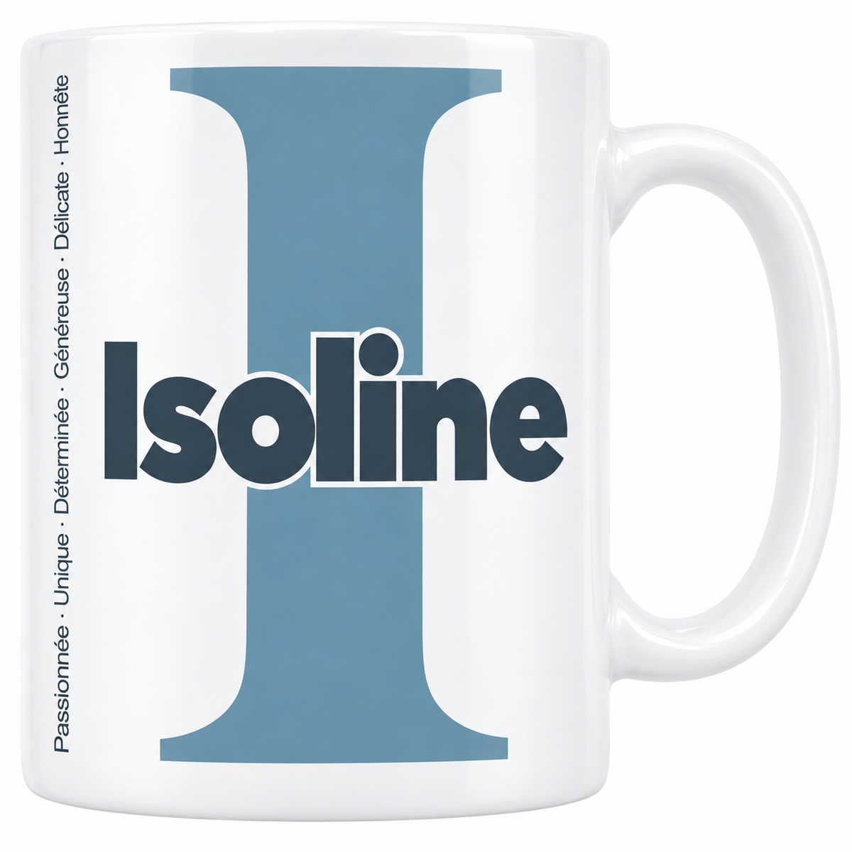 Mug blanc céramique 330 ml prénom Isoline : grande initiale I, prénom Isoline en lettres bold et six qualités verticales sur le côté