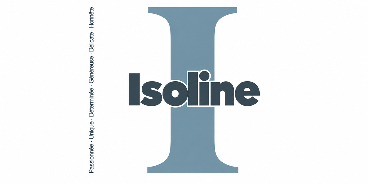 Visuel à plat du mug prénom Isoline : initiale I pleine hauteur, prénom Isoline centré et ligne verticale « Passionnée · Unique · Déterminée · Généreuse · Délicate · Honnête »