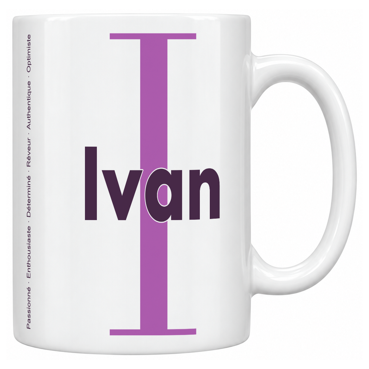 Mug blanc céramique 330 ml prénom Ivan : grande initiale I, prénom Ivan en lettres bold et six qualités verticales sur le côté