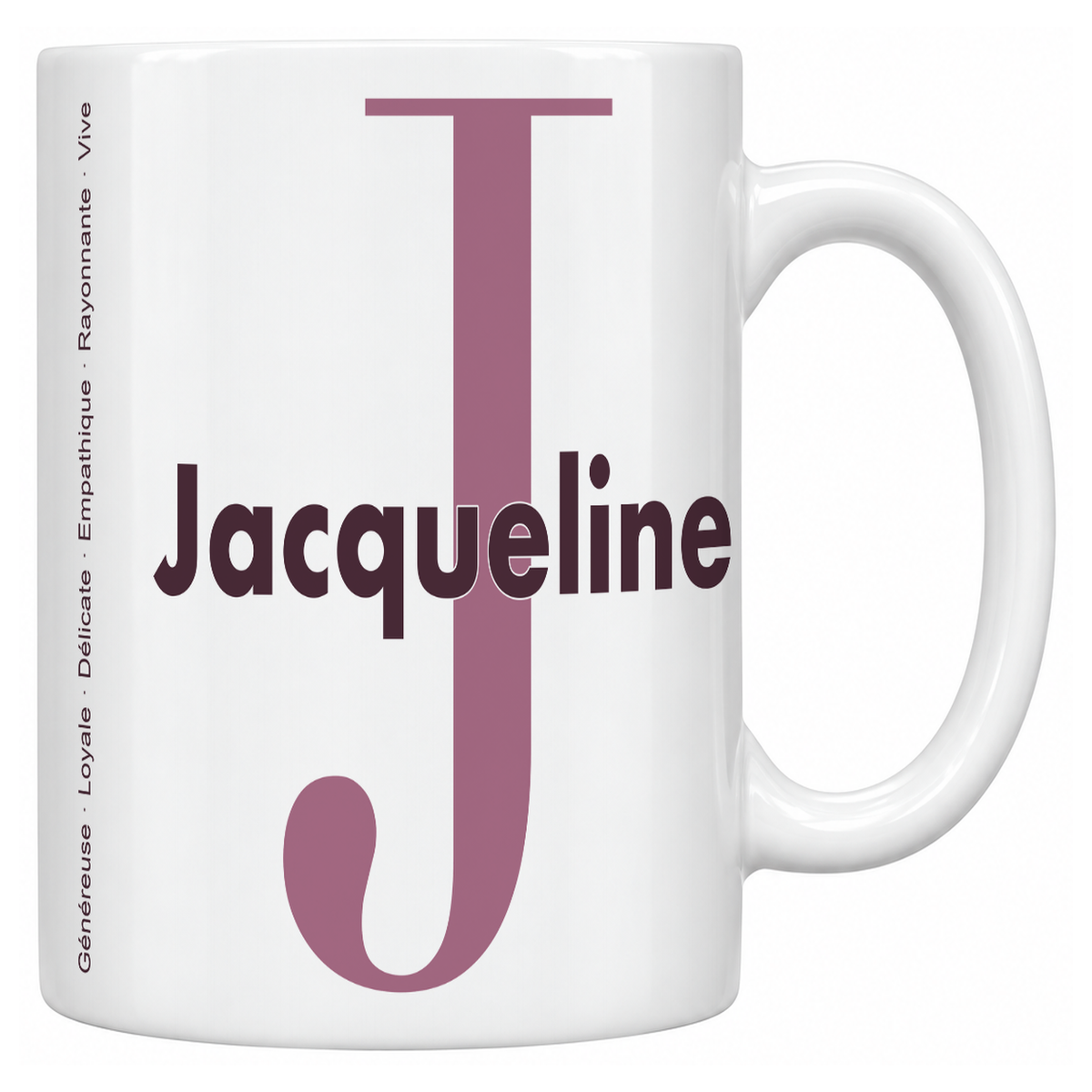Mug blanc céramique 330 ml prénom Jacqueline : grande initiale J, prénom Jacqueline en lettres bold et six qualités verticales sur le côté