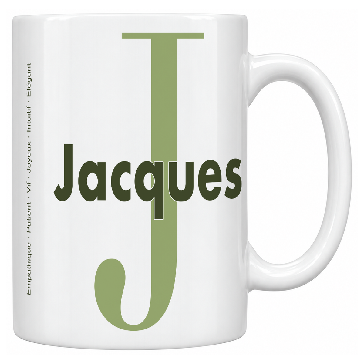 Mug blanc céramique 330 ml prénom Jacques : grande initiale J, prénom Jacques en lettres bold et six qualités verticales sur le côté