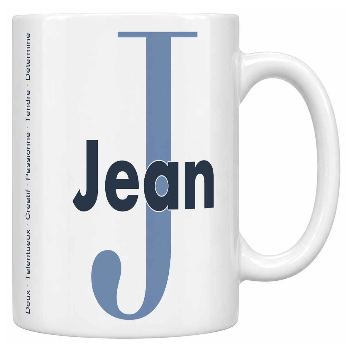 Mug blanc céramique 330 ml prénom Jean : grande initiale J, prénom Jean en lettres bold et six qualités verticales sur le côté