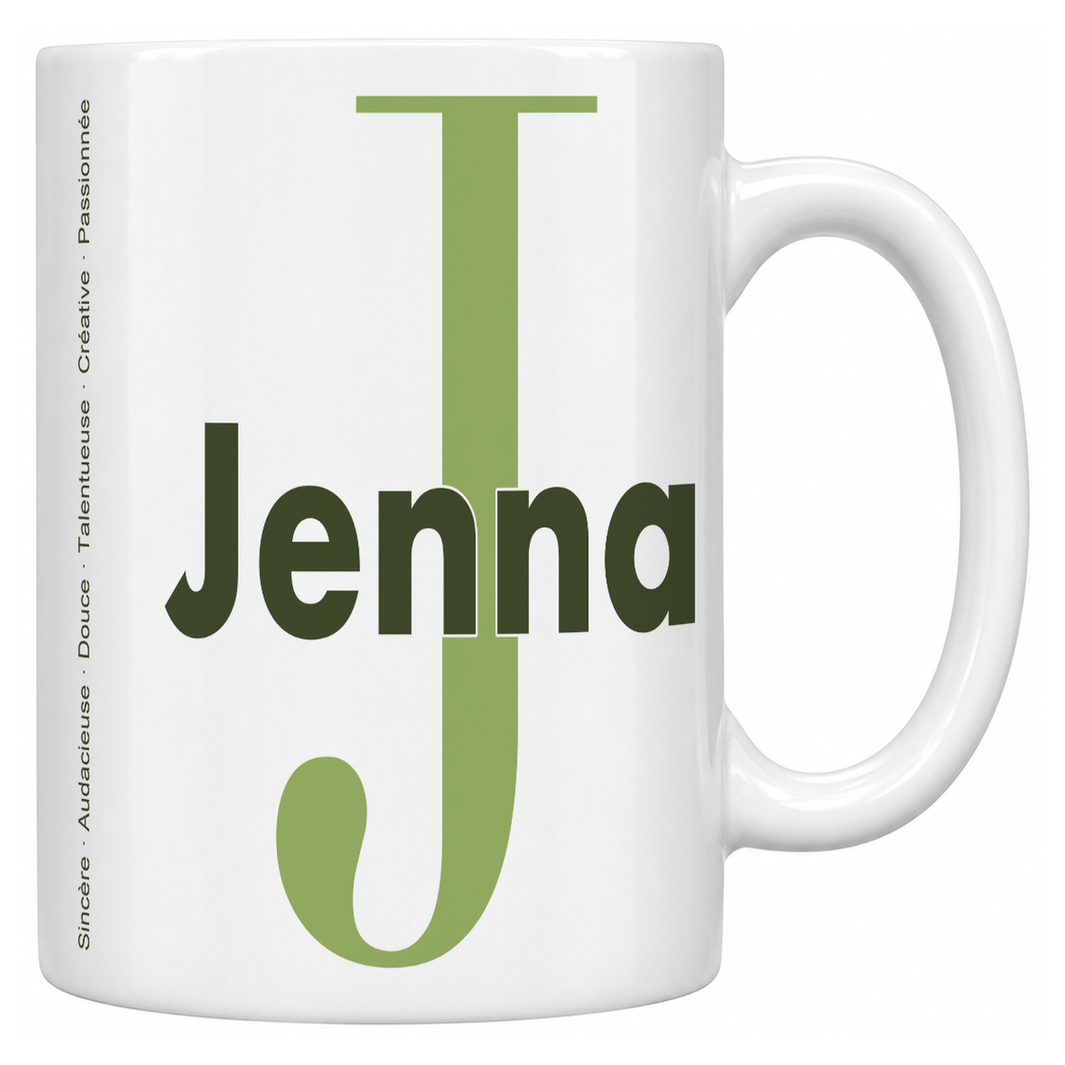 Mug blanc céramique 330 ml prénom Jenna : grande initiale J, prénom Jenna en lettres bold et six qualités verticales sur le côté