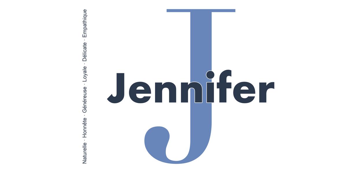 Visuel à plat du mug prénom Jennifer : initiale J pleine hauteur, prénom Jennifer centré et ligne verticale « Naturelle · Honnête · Généreuse · Loyale · Délicate · Empathique »