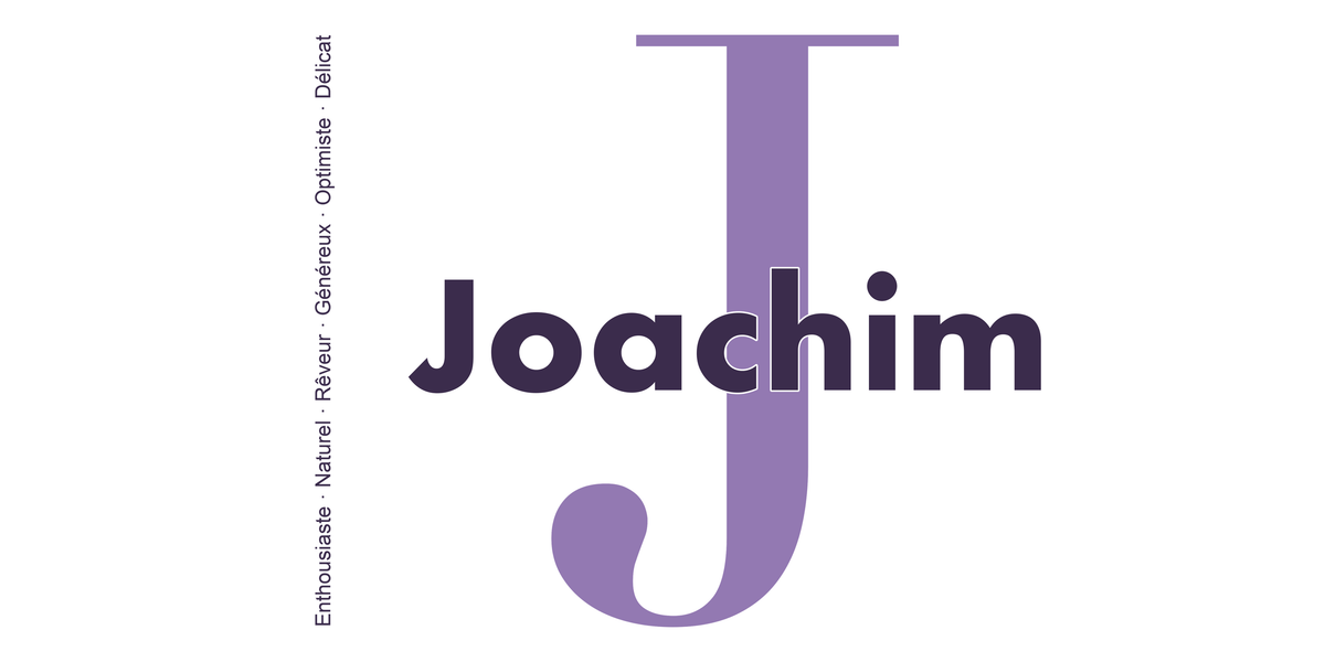 Visuel à plat du mug prénom Joachim : initiale J pleine hauteur, prénom Joachim centré et ligne verticale « Enthousiaste · Naturel · Rêveur · Généreux · Optimiste · Délicat »