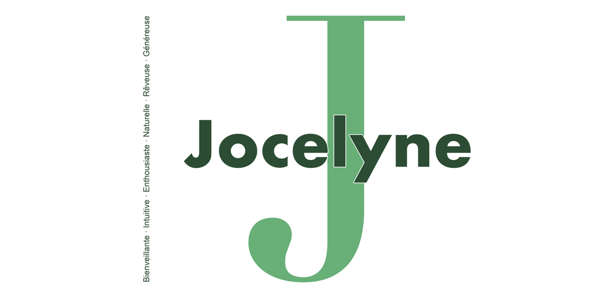 Visuel à plat du mug prénom Jocelyne : initiale J pleine hauteur, prénom Jocelyne centré et ligne verticale « Bienveillante · Intuitive · Enthousiaste · Naturelle · Rêveuse · Généreuse »